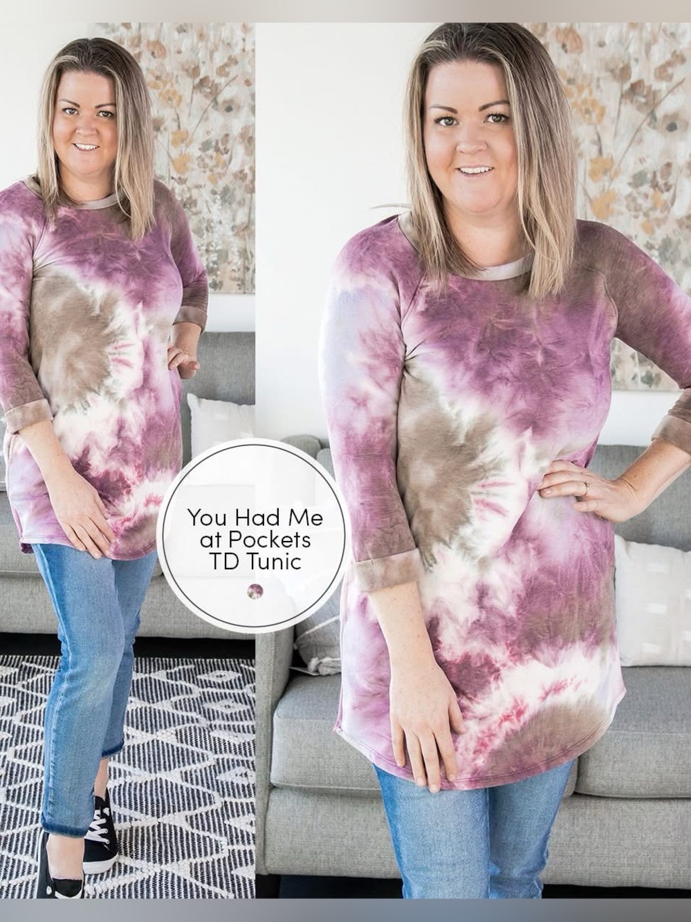 You Had Me at Pockets Tunic (NWT)🍒 Purple & Grey Tie Dye, Size Medium